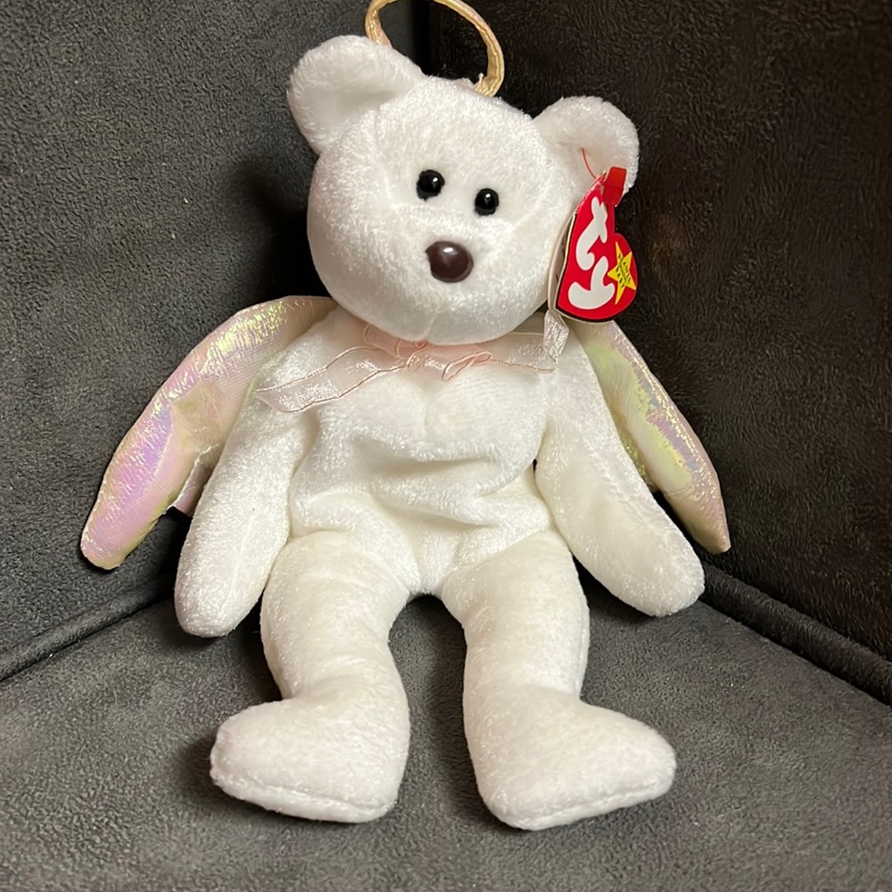 Ty beanie baby halo angel white bear with brown nose tag errors 1998 2081